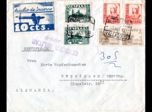 Spanien 1937, 6 Marken + 10 C. Winterhilfe auf Einschreiben Brief v. Valladolid