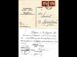 DR 1944, 2x3 Pf. auf Gemeinde Karte v. POIGHAM m. Bürgermeister Unterschrift