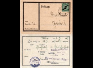 DR 1925, 5 Pf. auf Gemeinde Karte v. UTTLAU m. Bürgermeister Unterschrift