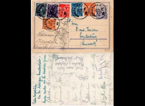 DR 1923, 6 Werte portorichtige Zusatzfr Studentica Karte v. Würzburg n. Dänemark