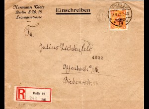 DR 1922, Custos Maschinenstempel auf Einschreiben Brief v. Berlin.