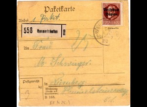 Bayern 1920, EF 75 Pf. Volksstaat auf Paketkarte v. RENNERTSHOFEN