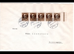 Bayern 1919, 5er-Streifen 3 Pf. Volksstaat auf portorichtigem Brief v. München