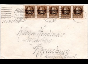 Bayern 1919, 5er-Streifen 3 Pf. Volksstaat auf portorichtigem Brief v. München 2
