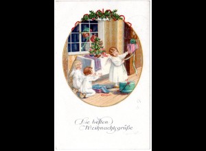Weihnachten, Weihnachtsgrüße m. Engeln u. Christbaum, 1919 gebr. Farb-AK
