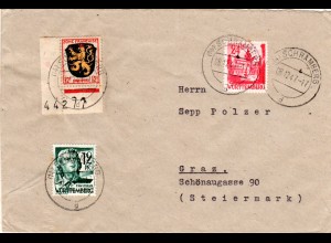 1947, 12 f m. eingestempelter Bogenrandnummer u. 2 andere Marken auf Brief 