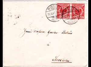 DR 1891, Paar 10 Pf. auf Brief v. Winsen Aller n. Schweden. Rücks. Monogramm