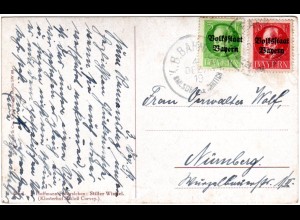 Bayern 1919, Bahnpost K1 SMLSDF IV SCHNTTCH auf Karte m. 5+10 Pf.Volksstaat