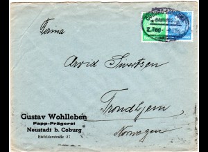 DR 1936, 5+20 Pf. auf Brief v. Neustadt n. Norwegen. Bahnpost Coburg-Lauscha