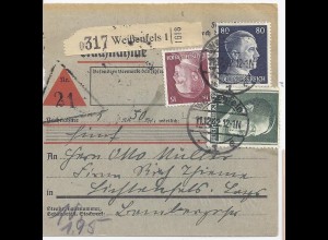 DR 1942, Weissenfels, Nachnahme Paketkarte m. 15+80 Pf. + 1 Mk. #1351
