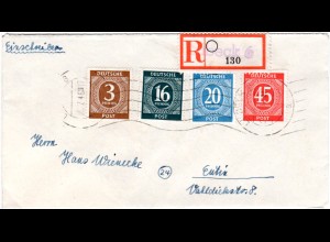1946, portorichtiger R-Brief m. eingestempeltem Reko Zettel v. Lübeck 6