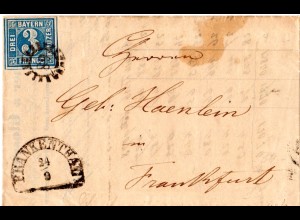 Bayern 1855, 3 Kr. auf Brief m. MR 89 FRANKENTHAL n. Frankfurt.