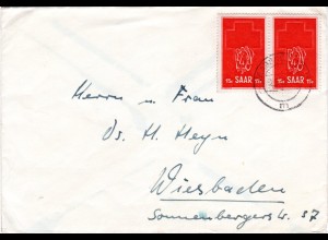 Saar 1952, MeF Paar 15 F. Rotes Kreuz auf portorichtigem Brief v. Saarbrücken
