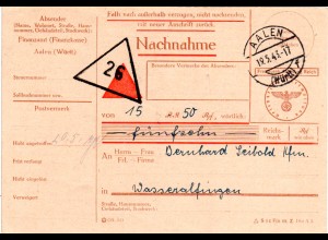 DR 1944, Finanzamt Aalen, Nachnahme Karte Frei durch Ablösung Reich 