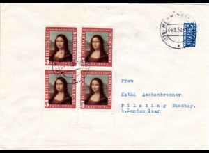 BRD 1952, 4er-Block Mona Lisa 2. Aufl. auf Brief v. Memmingen m. Notopfermarke 
