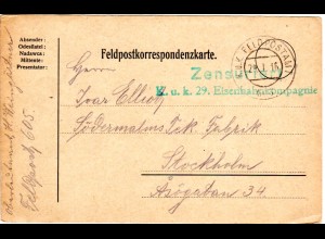 Österreich 1916, Eisenbahn Kompagnie Zensur-L2 auf Karte m Stpl. Feldpostamt 605