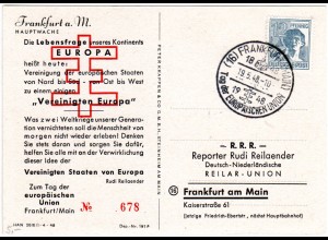 1948, Sonderstempel Tag d. europäischen Union auf limitierter Karte v. Frankfurt
