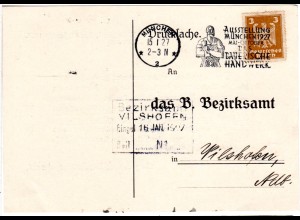 DR 1927, Ausstellung Bayer. Handwerk Werbe Stpl. auf Karte v. München