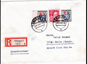 Franz. Zone 1947, 15+24 in MiF m. 45 Pf. auf Einschreiben Brief v. Tübingen