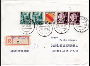 Franz. Zone 1947, Paar 12+15 Pf. in MiF m. 30 F. auf Einschreiben Brief v. Goar