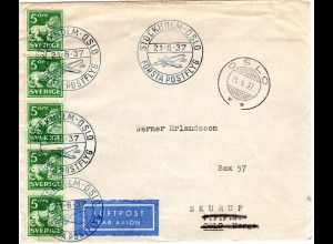 Schweden 1937, 5x5 öre auf Erstflug Brief v. Stockholm n. Oslo, Norwegen