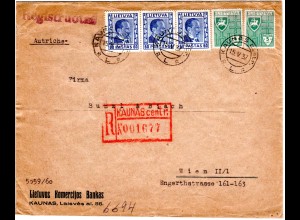 Litauen 1937, 5 Marken auf Brief m. Reko-Stpl. KAUNAS centr. nach Österreich