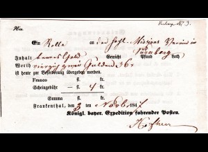 Bayern 1847, Postschein v. FRANKENTHAL f. ein Paket bares Geld