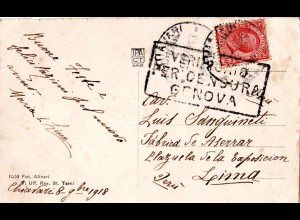 Italien 1918, 10 C. auf Karte v. Chiavari m. GENOVA Zensur n. Peru! Destination!