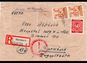 1946, Einschreiben Brief v. München m. Zensur ins Interniertenlager Garmisch