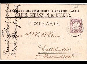 Bayern 1883, 5 Pf. auf Firmenkarte v. Frankenthal n. Carlshütte