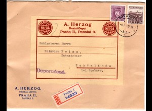 Tschechoslowakei 1934, 60 H.+3 Kr. auf Einschreiben Brief v. Prag