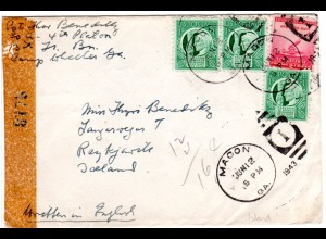 USA 1943, 4 Marken auf Zensur Brief v. MACON Georgia n. Island