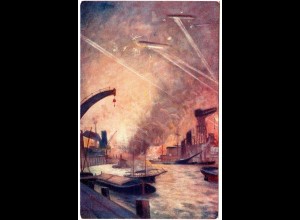 Zeppelin Luftangriff auf London Hafen, ungebr. Farb-AK