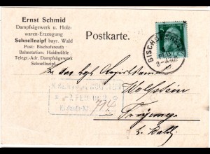 Bayern 1912, 5 Pf. auf Firmenkarte v. Sägewerk Schnellzipf m. K1 BISCHOFSREUTH