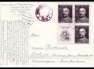 Tschechoslowakei 1948, 1,50 Kr. Dr. Scheiner, 4er-Block inkl. Zierfeld auf Karte