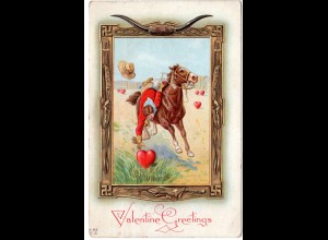 Valentine Greetings mit Pferd u. Reiter, 1914 gebr. Präge-Farb-AK