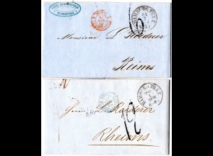 Taxis 1860, HAMBURG.TH.&T. auf 2 Briefen n. Frankreich m. versch. Portostempeln