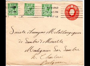 GB 1913, 3x1/2d on 1d stationery envelope from West Bromwich to Belgium