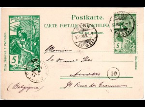 Schweiz 1900, UPU 5 C. Zusatzfr. auf 5 C. Ganzsache v. Bern n. Belgien