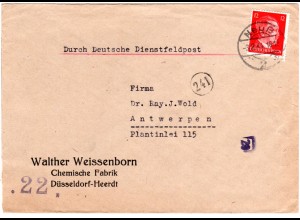 DR 1944, 12 Pf. auf Auslands Brief v. Neuß n. Belgien. Europaporto!