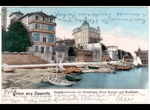 Gruss aus Sassnitz m. Booten u. Gebäuden, 1904 gebr. Farb-AK