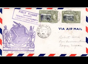 Trinidad & Tobago 1941. 1st Flight cover Port of Spain-Lagos, Nigeria