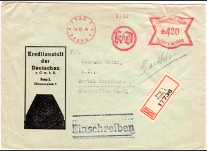 Böhmen u. Mähren 1944, KdD Bank Maschinen Freistpl. auf Reko Brief v. Prag