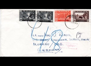 Malaya 1958, 4 Marken auf Brief m. "T" + "Nachgebühr" Stpl. u. Deutschland Porto