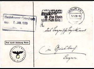 DR 1939, Frei durch Ablösung Reich auf Karte v. Berlin. Hoheitszeichen abgedeckt