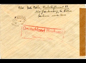 1946, 25+50 Pf. auf Zensur Brief v. Frankenberg n. Österreich. Rücks. rot PLZ-R3