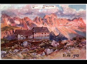 Italien, Südtirol, Gruss v. Schlern m. Schlernhaus, ungebr. Farb-AK m. DÖAV Stpl