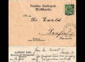 DR 1898, 5 Pf. m. Firmenlochung auf Karte v. Hunstig b. Dieringhausen
