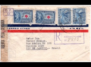 Ecuador 1945, 4 Marken auf Reko Luftpost Zensur Brief v. Quito n. Brasilien