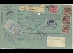 DR 1895, Paketkarte v. Kassel m. 5 Marken u. Steuermarke v. Bulgarien. #2639